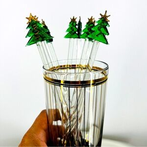 VTG Pier One Festive Holiday Christmas Tree Drink Glass Stirrers Hand Blown MINT